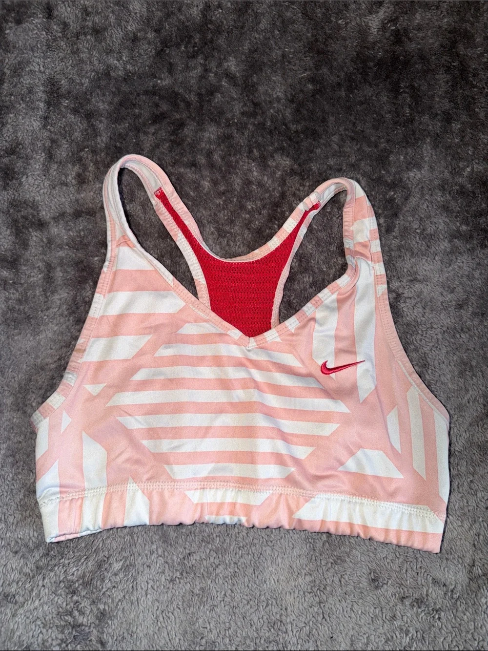 Nike Pink and White Striped Racerback Sports Bra with Red Accents
